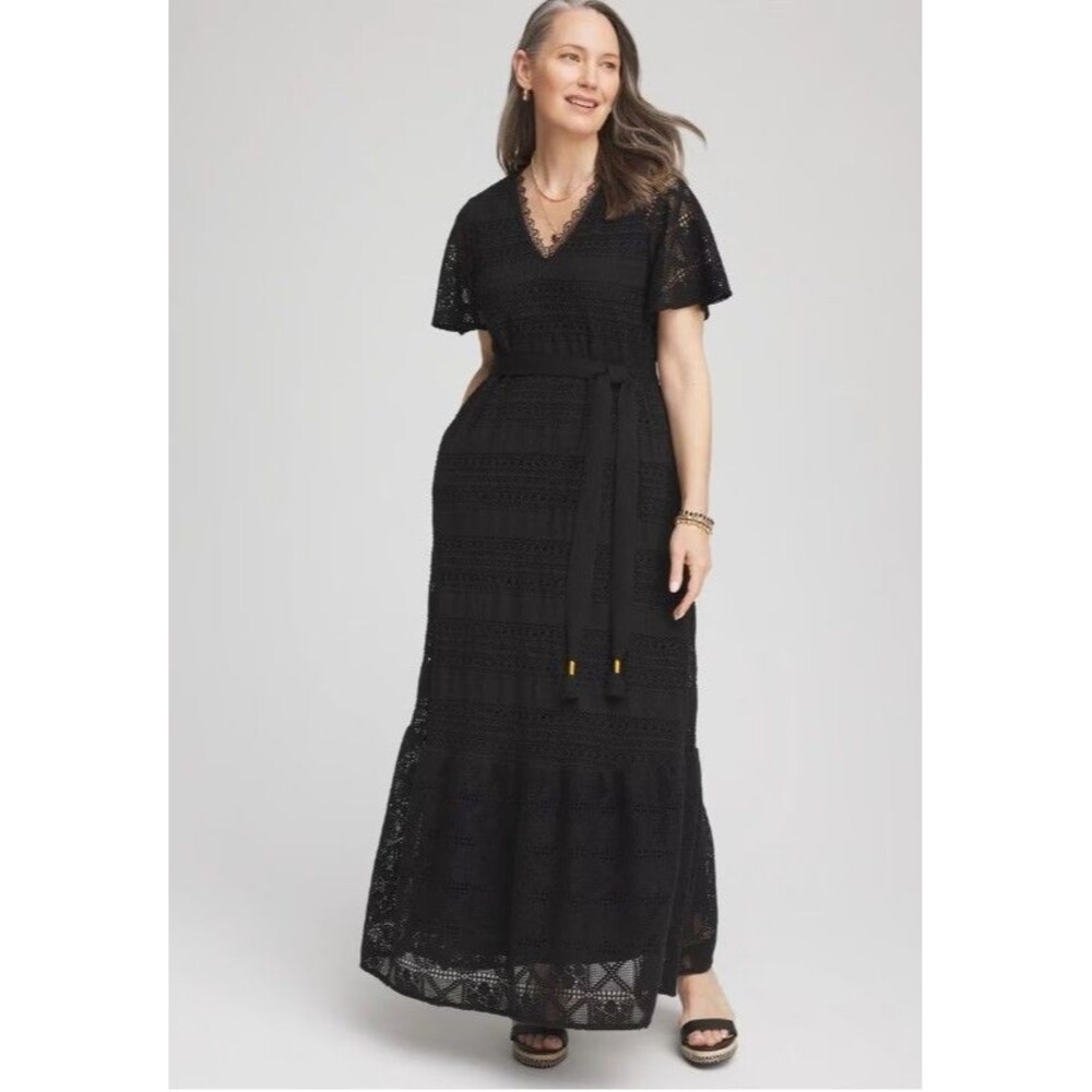 Chico's Crochet Lace Maxi Dress Women's US 6 (0.5) NWT Black Prairie Boho Tiered